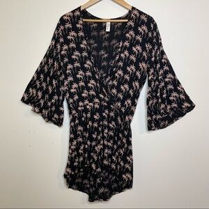Elan Tropical Palm Tree Romper Wide Sleeve